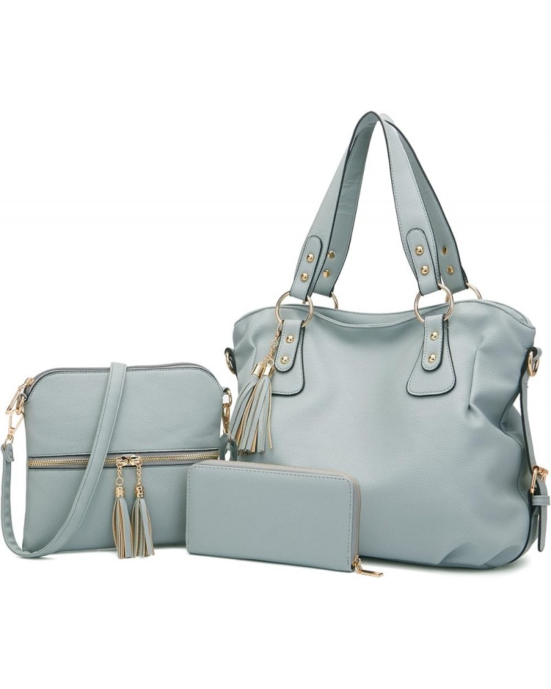 Purses And Wallets Set For Women Tote Handbags Large Hobo Bag Purse With Wallet 3PCS A13-3pcs/Set Greyblue $23.96 Shoulder Bags